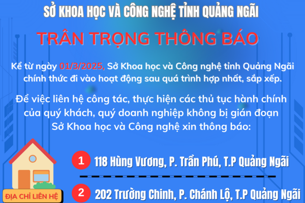 Sở Khoa học và Công nghệ tỉnh Quảng Ngãi thông báo về việc hoạt động sau khi hợp nhất, sắp xếp